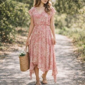 Sundance 100% Silk Floral Dress 4 Boho Handkerchief Hem Cottagecore Romantic